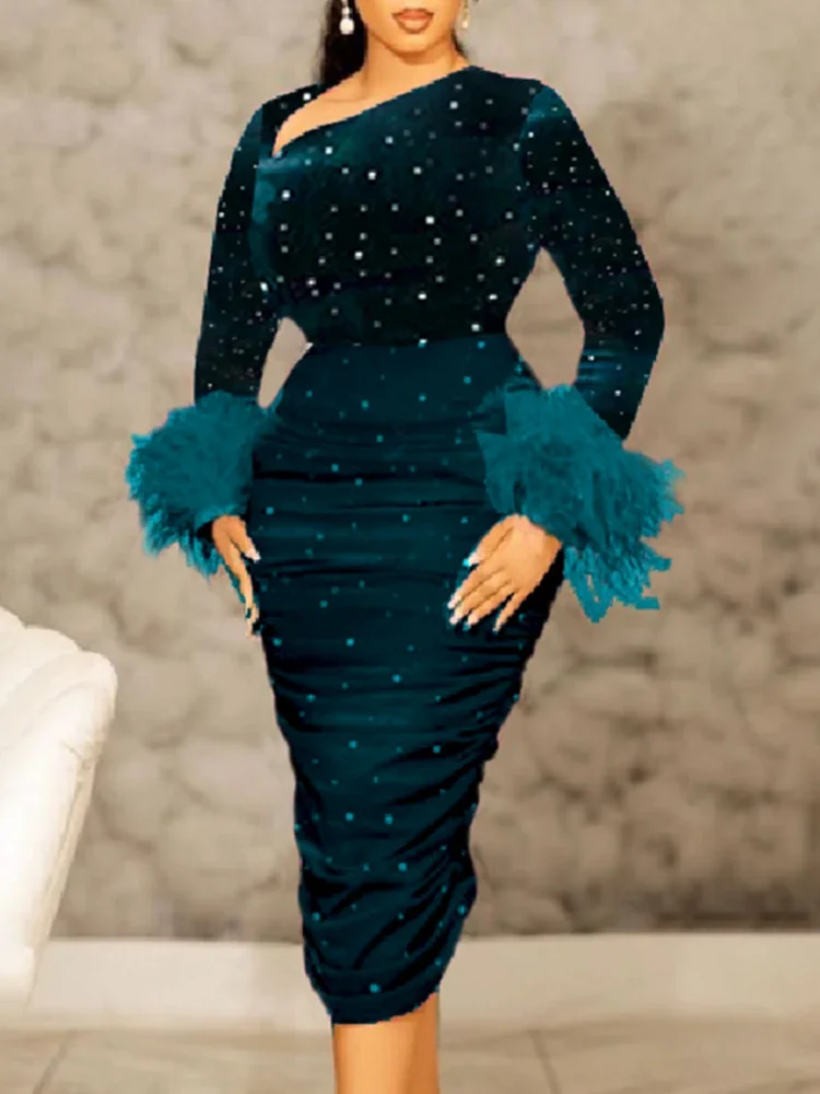 Women-Velvet-Dress-Shiny-Sequined-Feather-Formal-Occasion-Party-Long-Sleeves-Skew-Collar-Bodycon-Celebrate-Event.webp